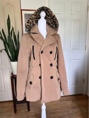 Yoki Women's Tan Wool Blend Peacoat with Leopard Print Faux Fur Hood, Size Large